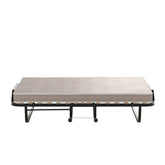 A bed composed of a mattress placed on a sleek metal frame, emphasizing modern design and functionality.